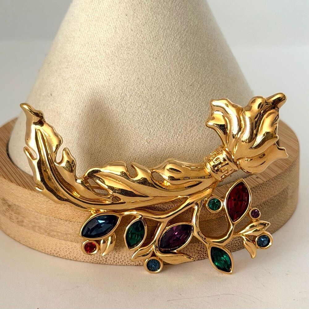 Vintage Swarovski Multicolor Crystal Leaf Branch Gold Tone Brooch